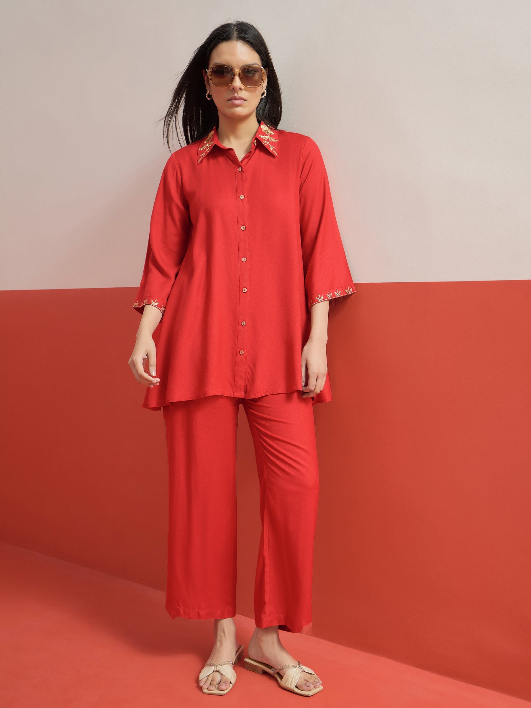 Red Zari Embroidered Shirt Collar Top With Palazzos-Shae by SASSAFRAS