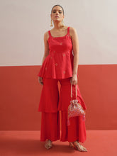 Red Embroidered Top With Layered Sharara Pants -Shae by SASSAFRAS