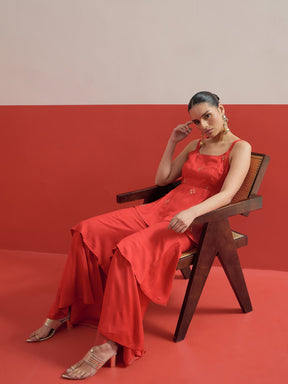 Red Embroidered Top With Layered Sharara Pants -Shae by SASSAFRAS
