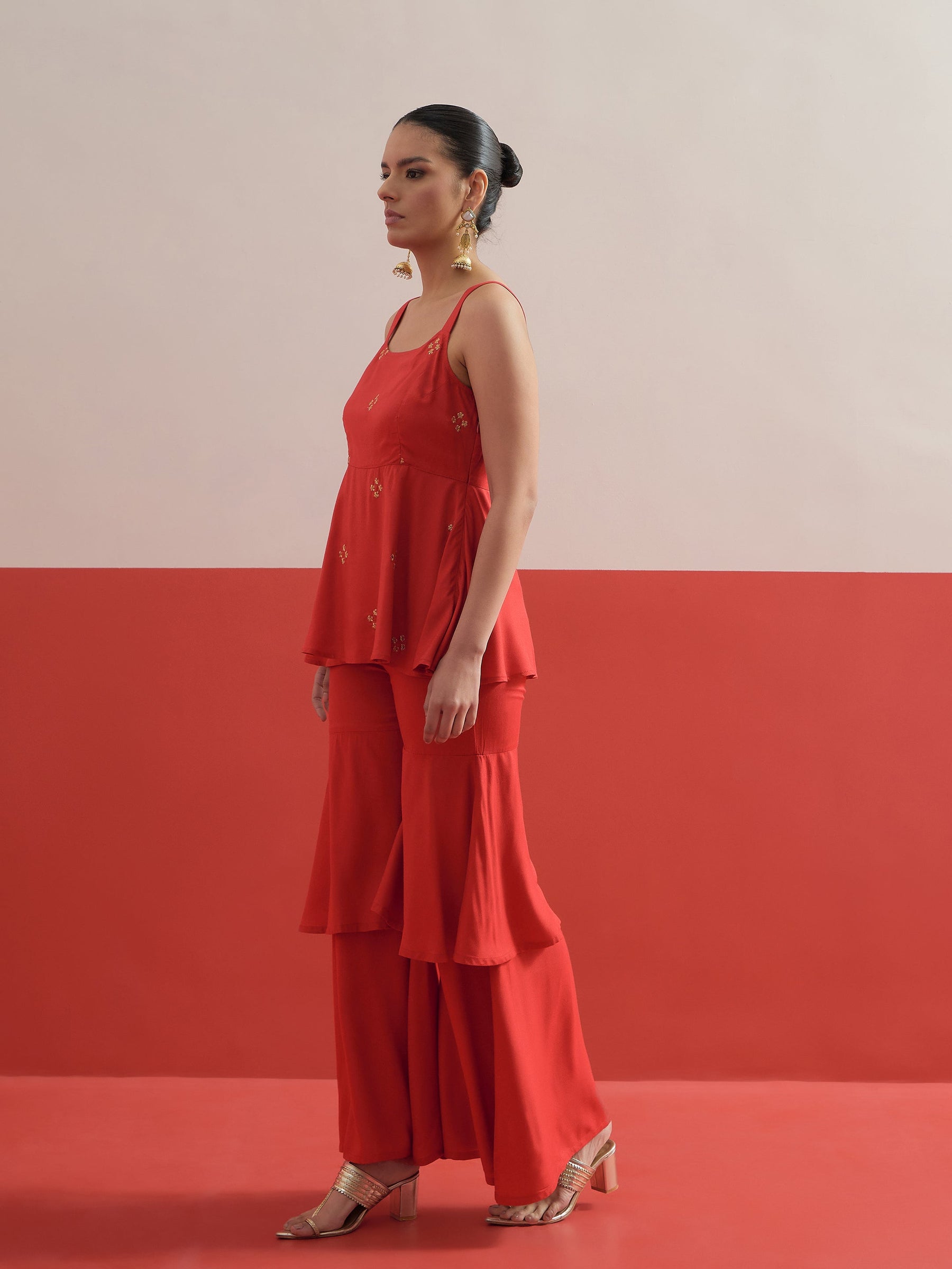 Red Embroidered Top With Layered Sharara Pants -Shae by SASSAFRAS