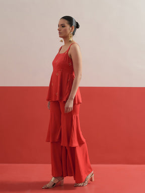 Red Embroidered Top With Layered Sharara Pants -Shae by SASSAFRAS