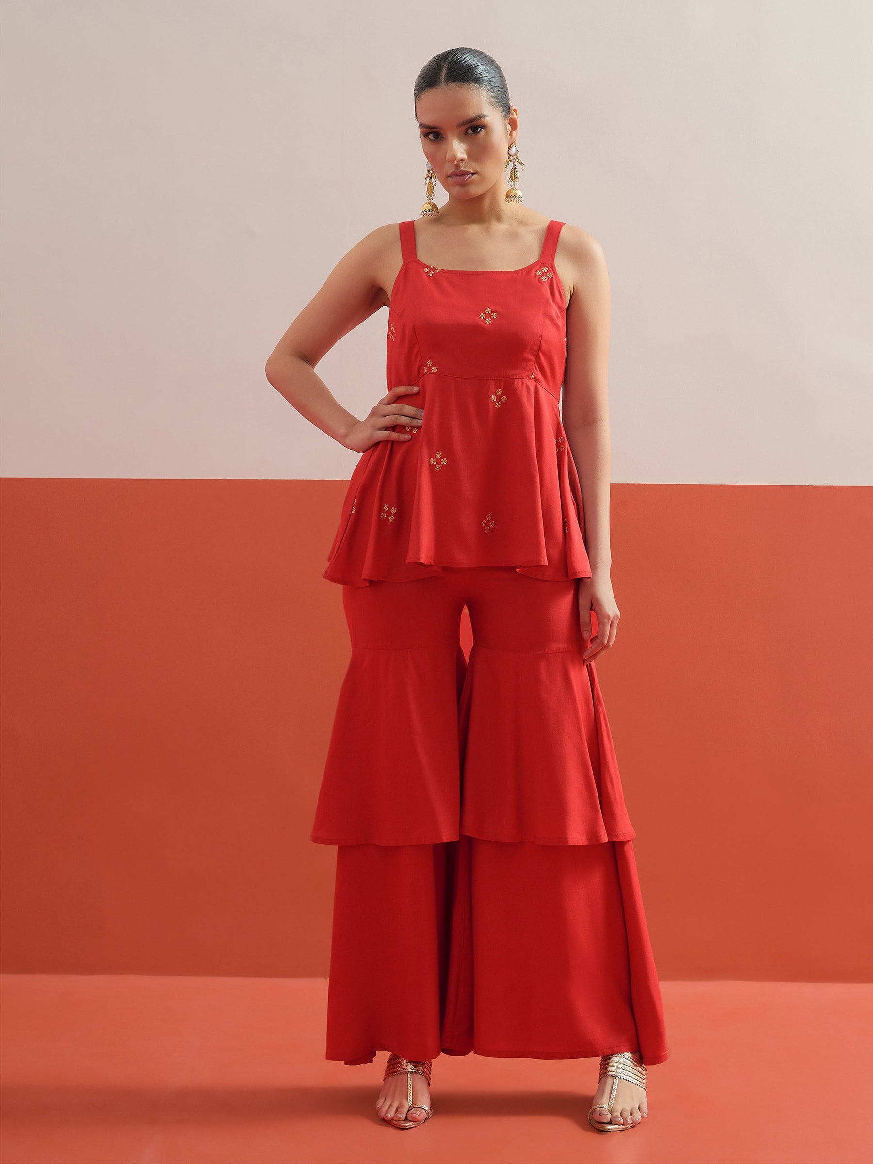 Red Embroidered Top With Layered Sharara Pants -Shae by SASSAFRAS