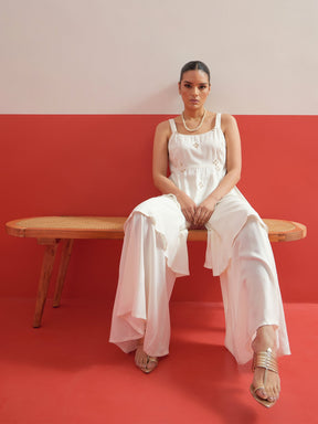 White Embroidered Top With Layered Sharara Pants -Shae by SASSAFRAS