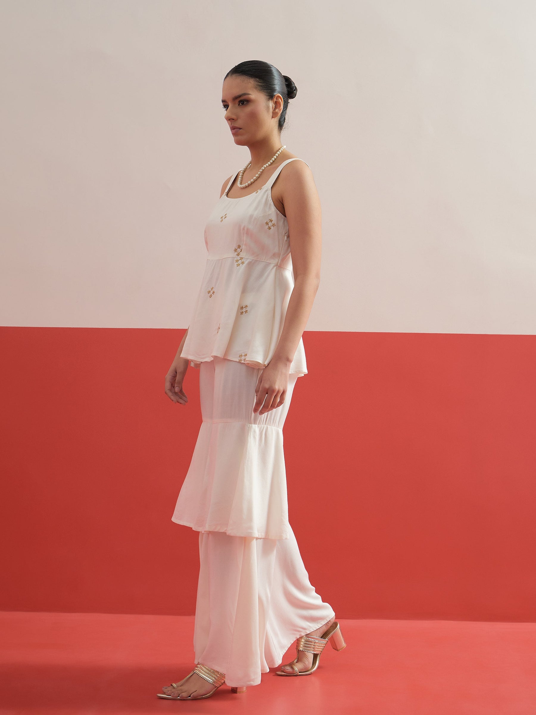 White Embroidered Top With Layered Sharara Pants -Shae by SASSAFRAS