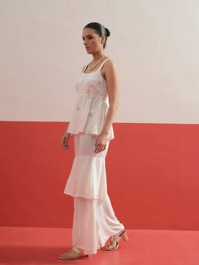 White Embroidered Top With Layered Sharara Pants -Shae by SASSAFRAS