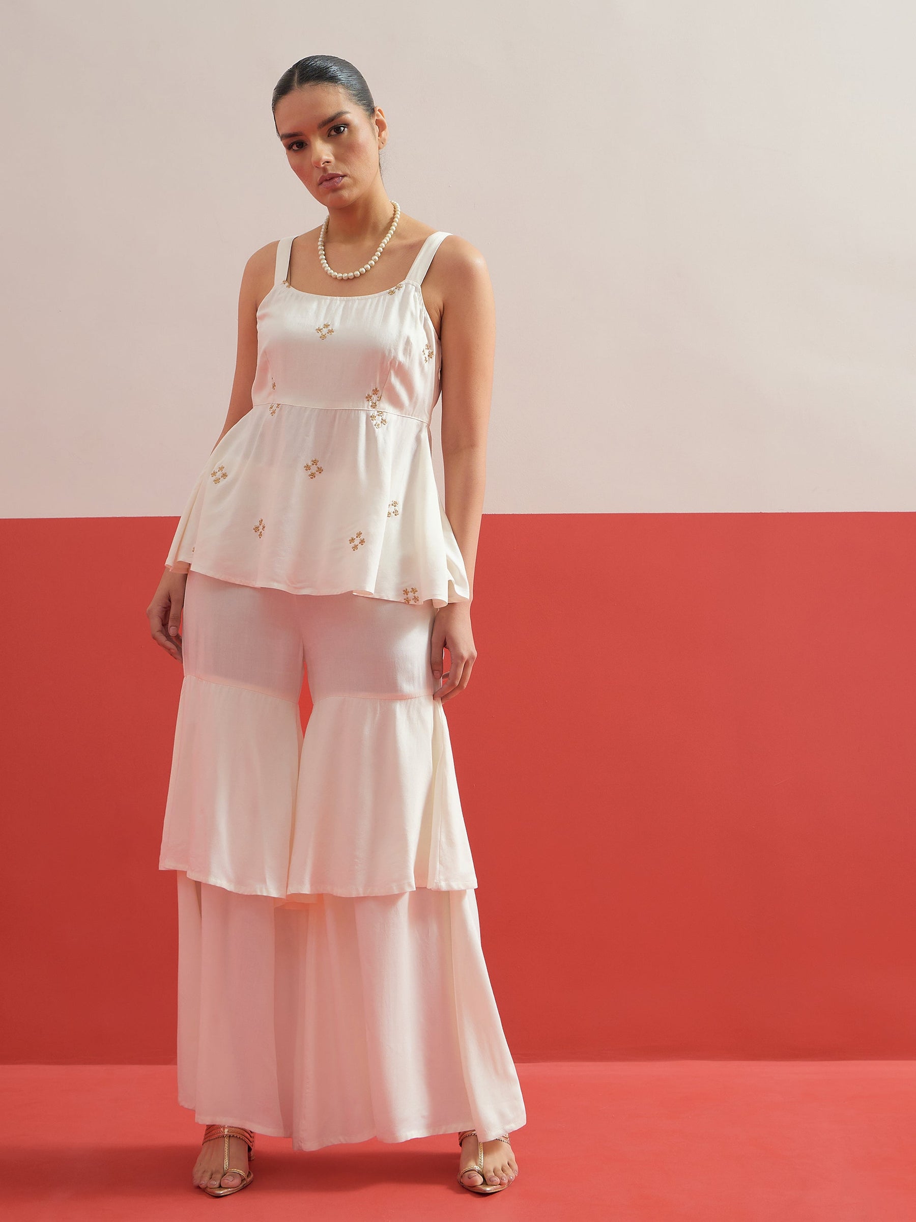 White Embroidered Top With Layered Sharara Pants -Shae by SASSAFRAS