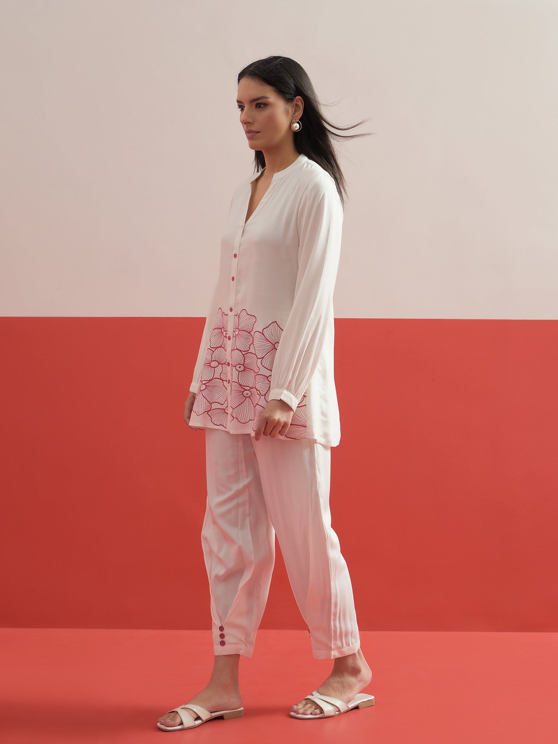 White Hem Embroidered Shirt With Pleated Pants-Shae by SASSAFRAS