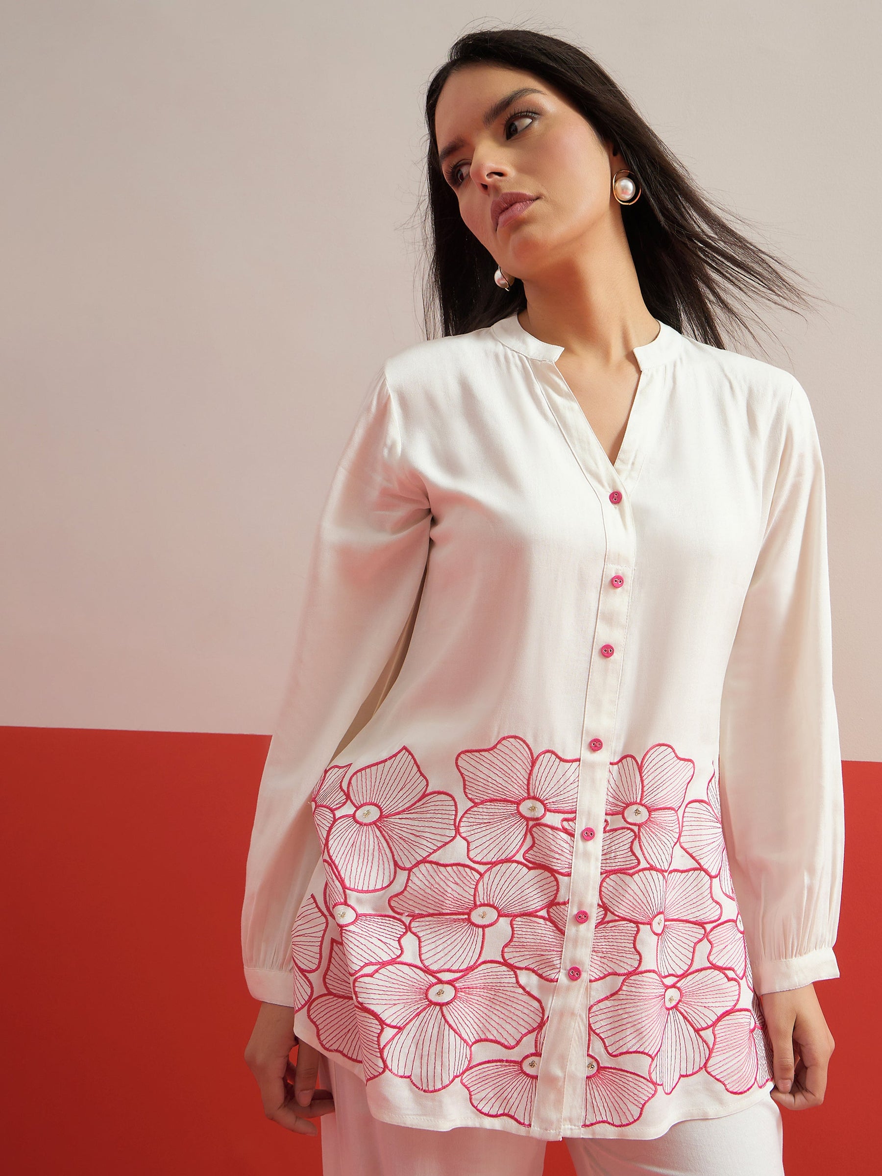 White Hem Embroidered Shirt With Pleated Pants-Shae by SASSAFRAS