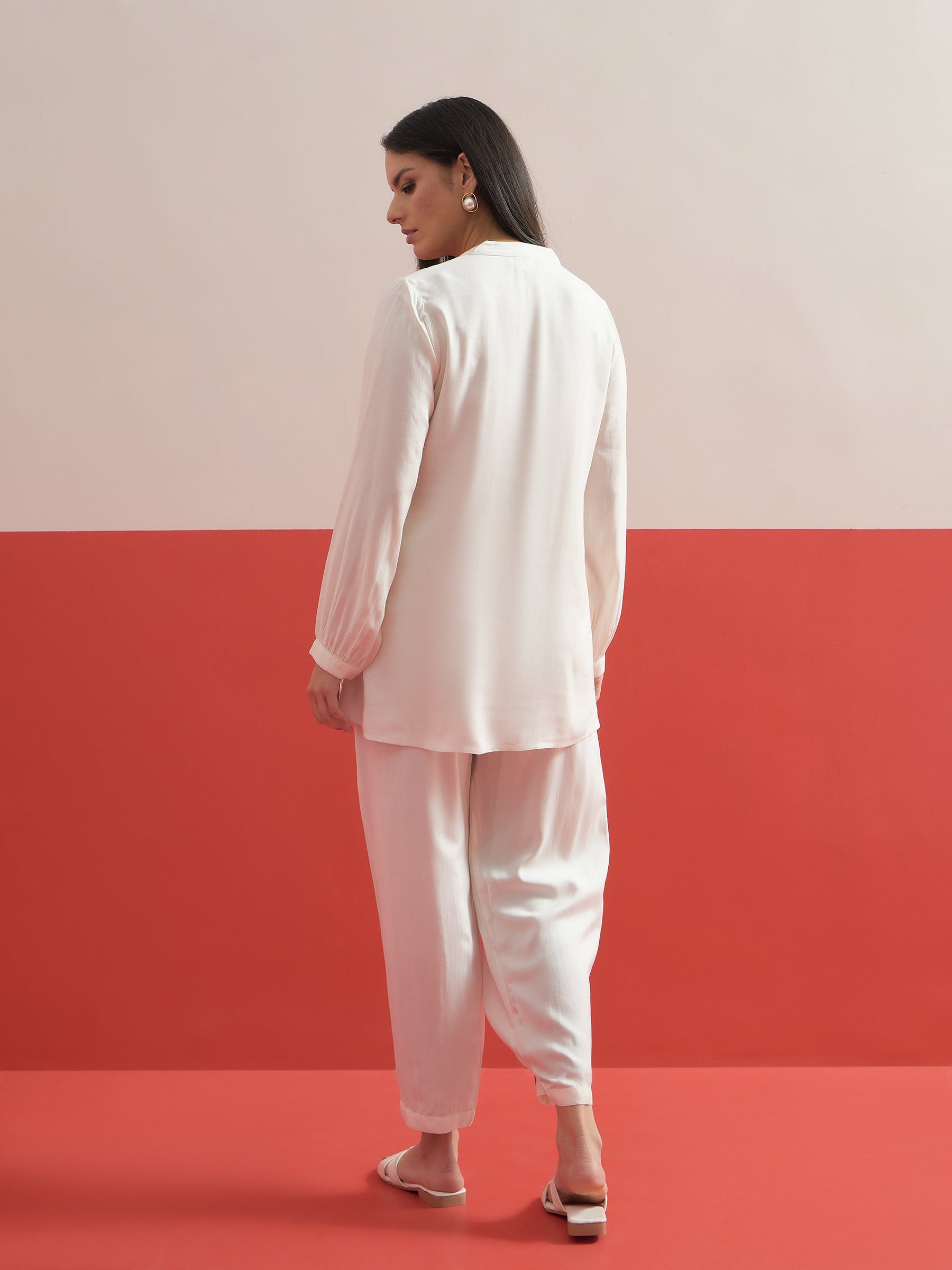 White Hem Embroidered Shirt With Pleated Pants-Shae by SASSAFRAS