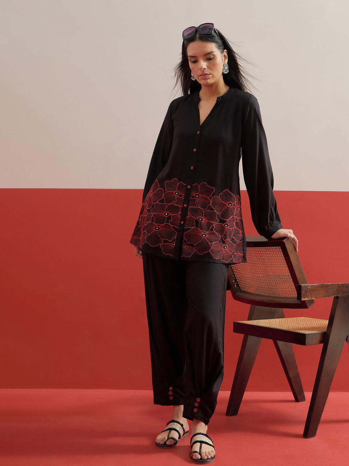 Black Hem Embroidered Shirt With Pleated Pants-Shae by SASSAFRAS