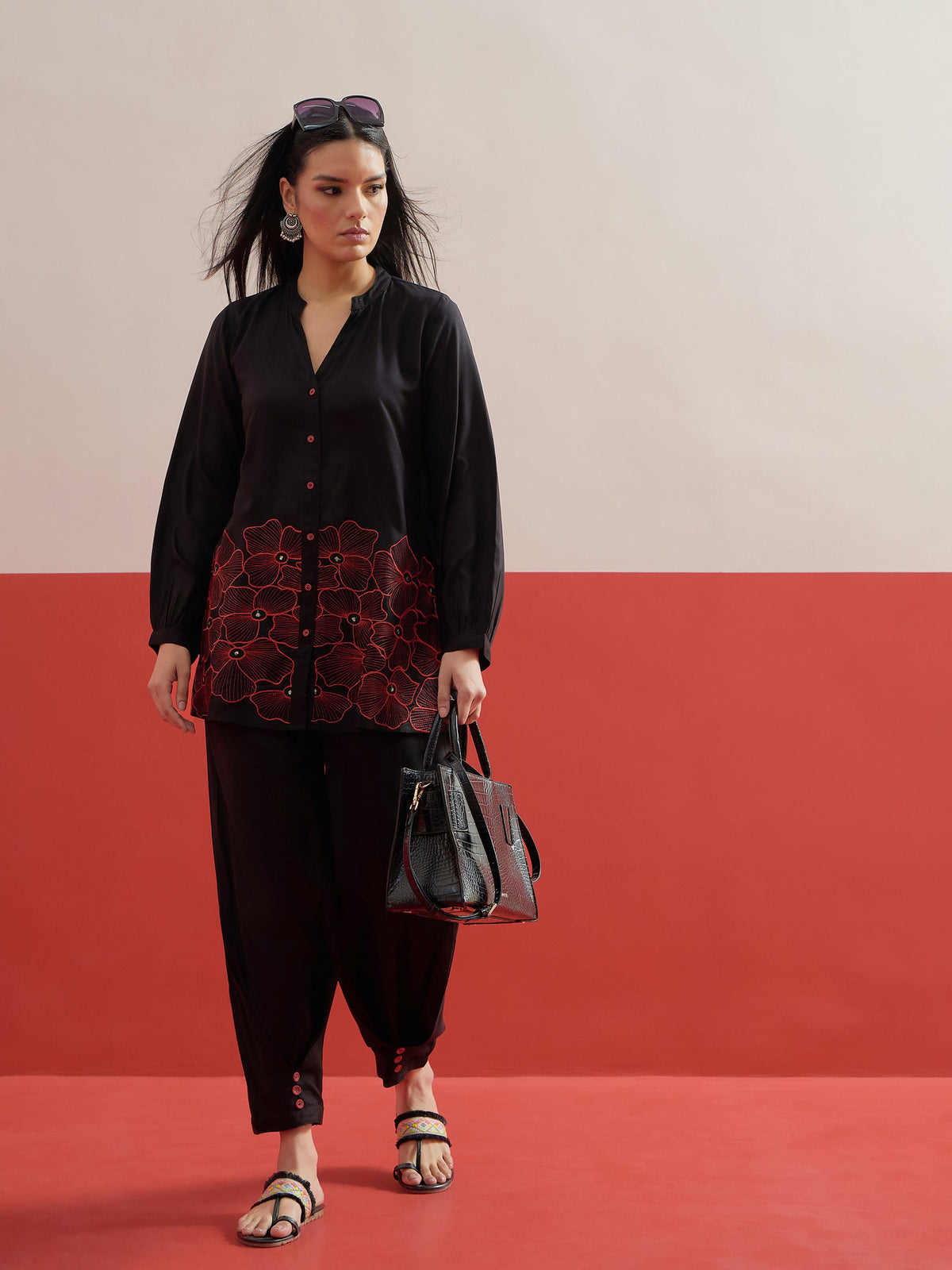 Black Hem Embroidered Shirt With Pleated Pants-Shae by SASSAFRAS