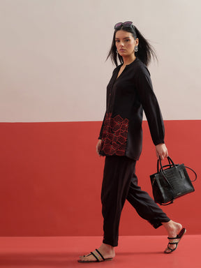 Black Hem Embroidered Shirt With Pleated Pants-Shae by SASSAFRAS