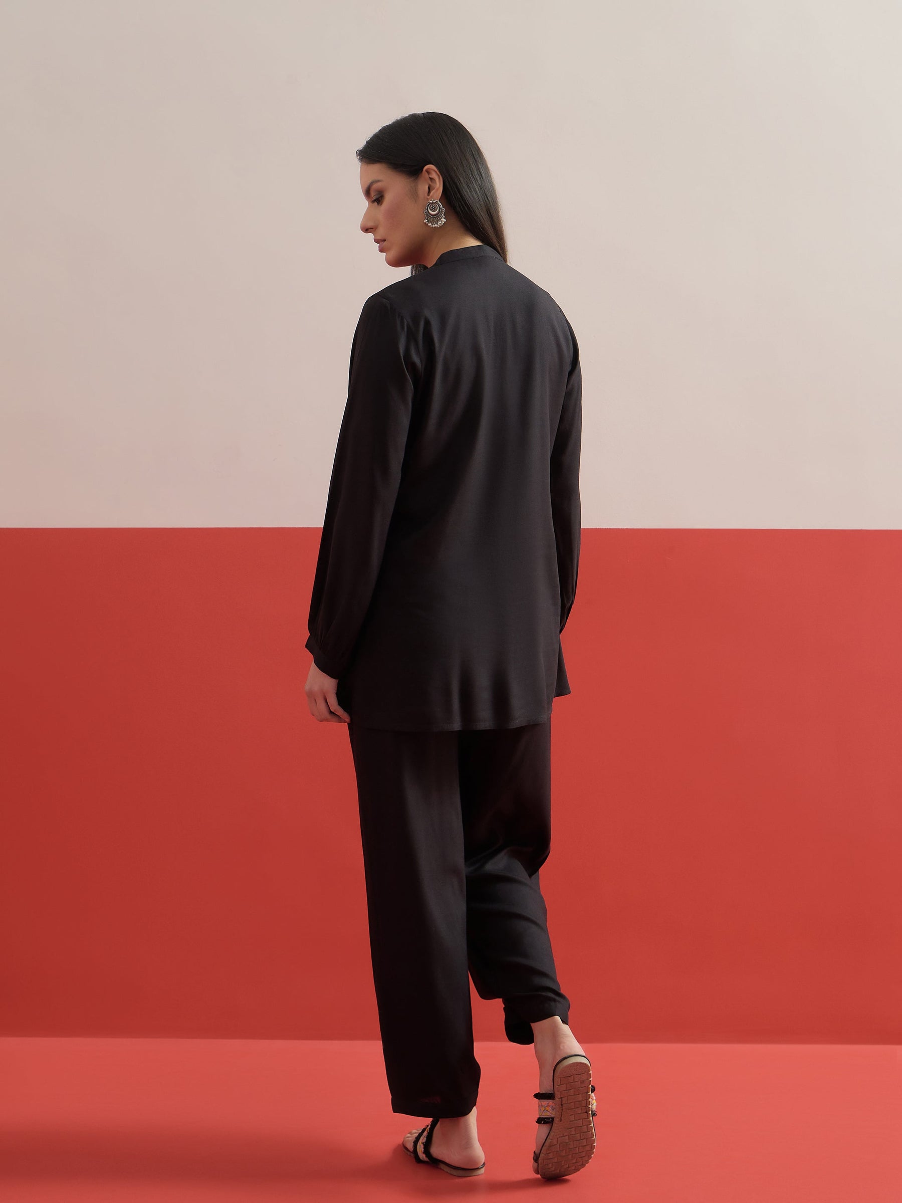 Black Hem Embroidered Shirt With Pleated Pants-Shae by SASSAFRAS