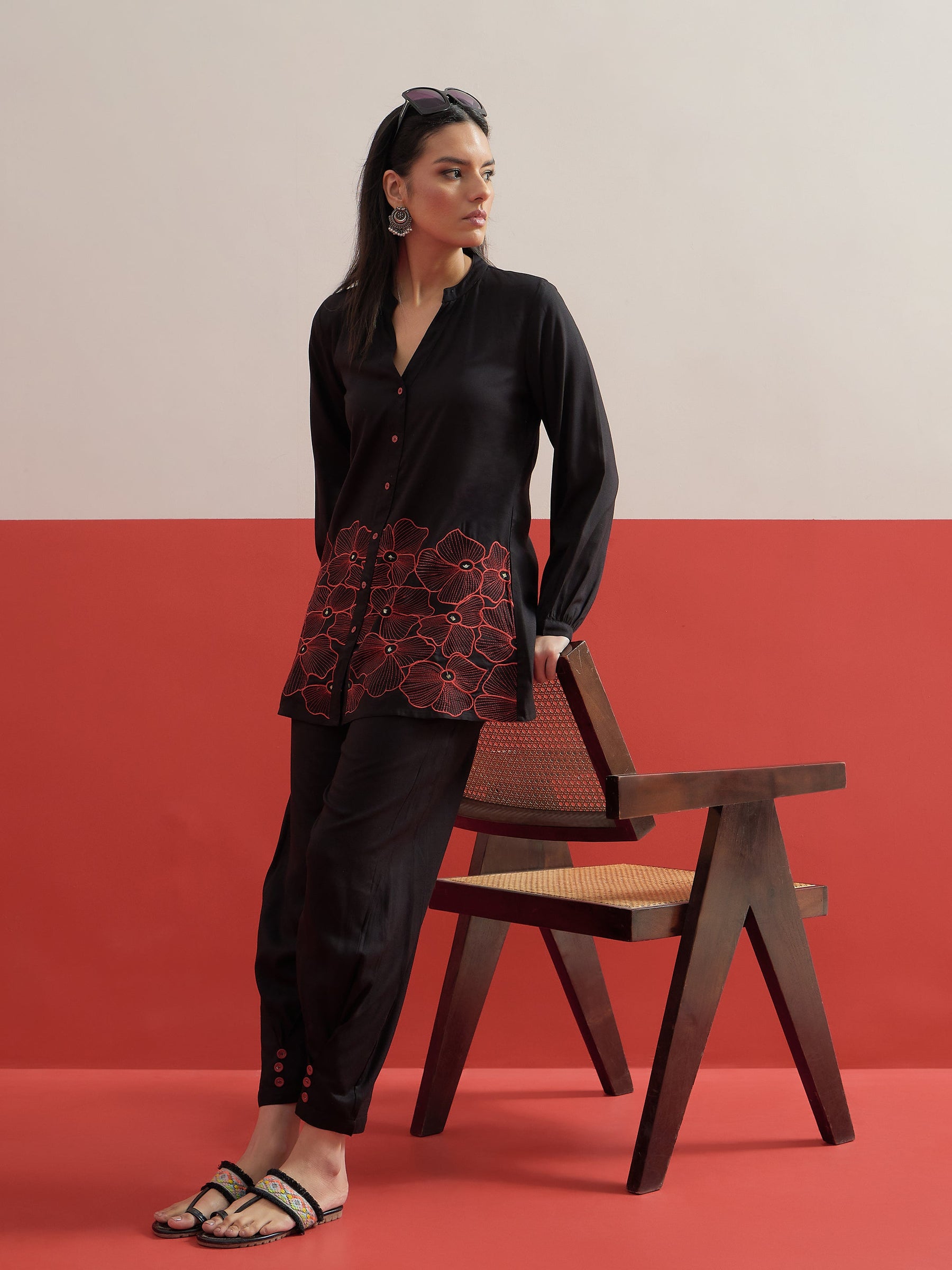 Black Hem Embroidered Shirt With Pleated Pants-Shae by SASSAFRAS