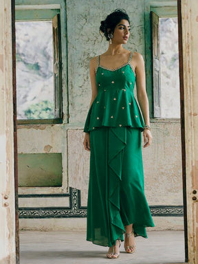 Green Embroidered Strappy Top With Dhoti Skirt -Shae by SASSAFRAS