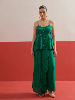 Green Embroidered Strappy Top With Dhoti Skirt -Shae by SASSAFRAS