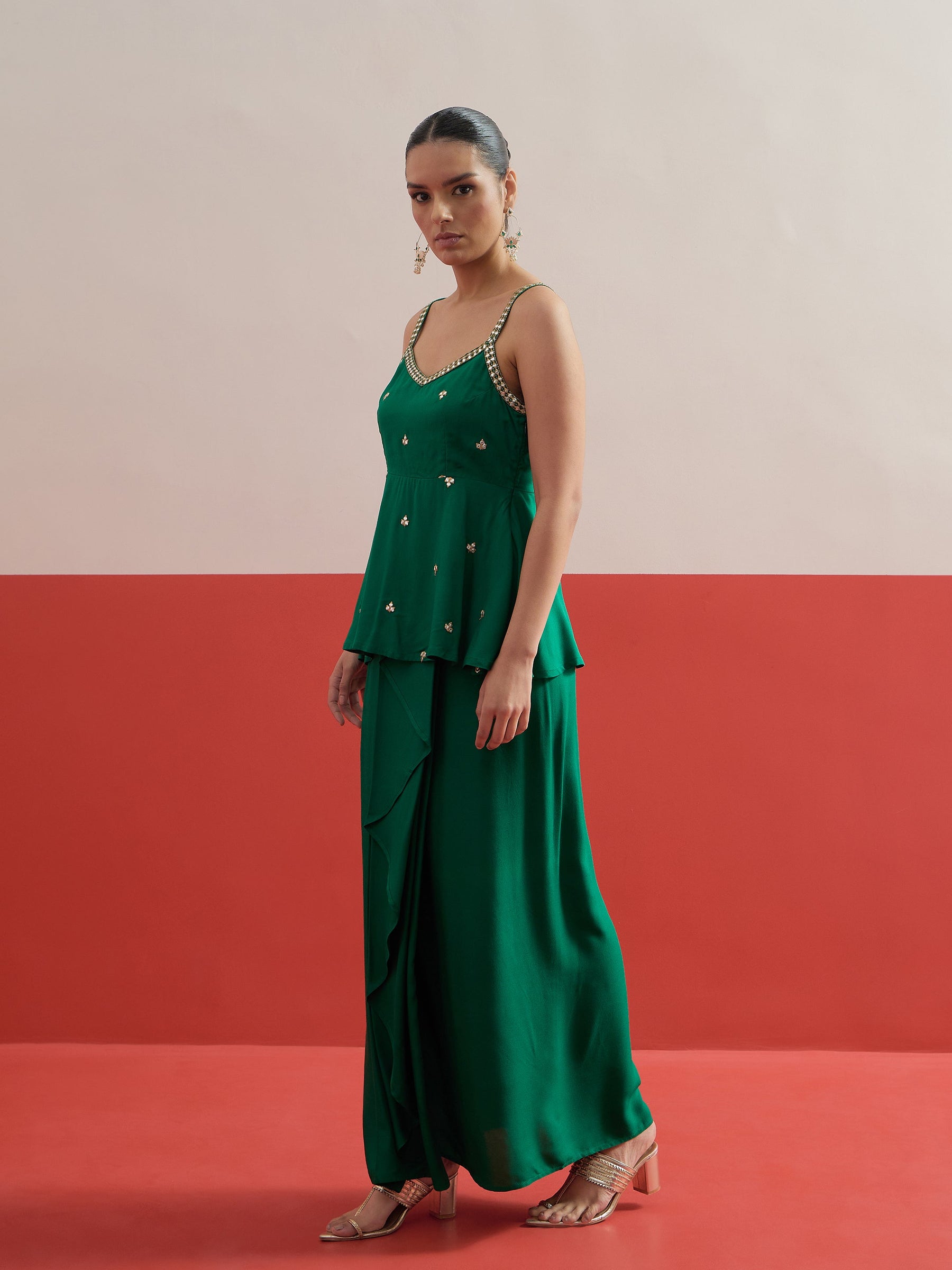 Green Embroidered Strappy Top With Dhoti Skirt -Shae by SASSAFRAS