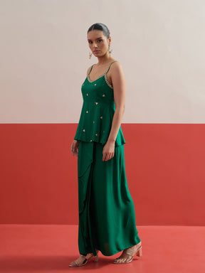 Green Embroidered Strappy Top With Dhoti Skirt -Shae by SASSAFRAS