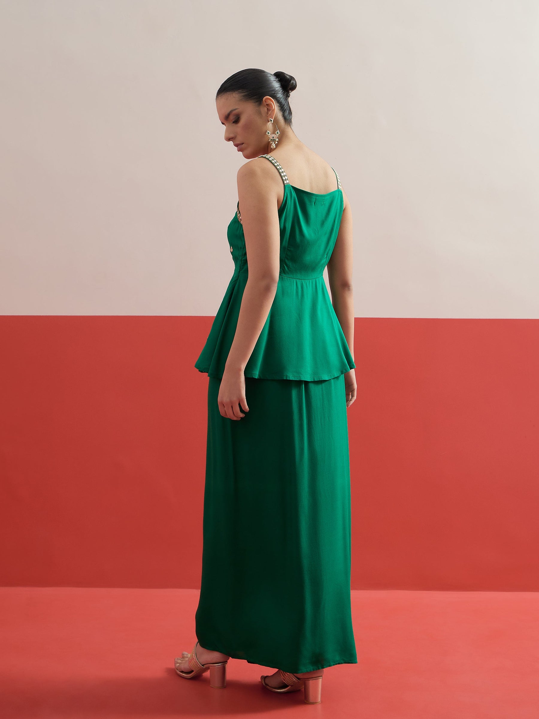 Green Embroidered Strappy Top With Dhoti Skirt -Shae by SASSAFRAS