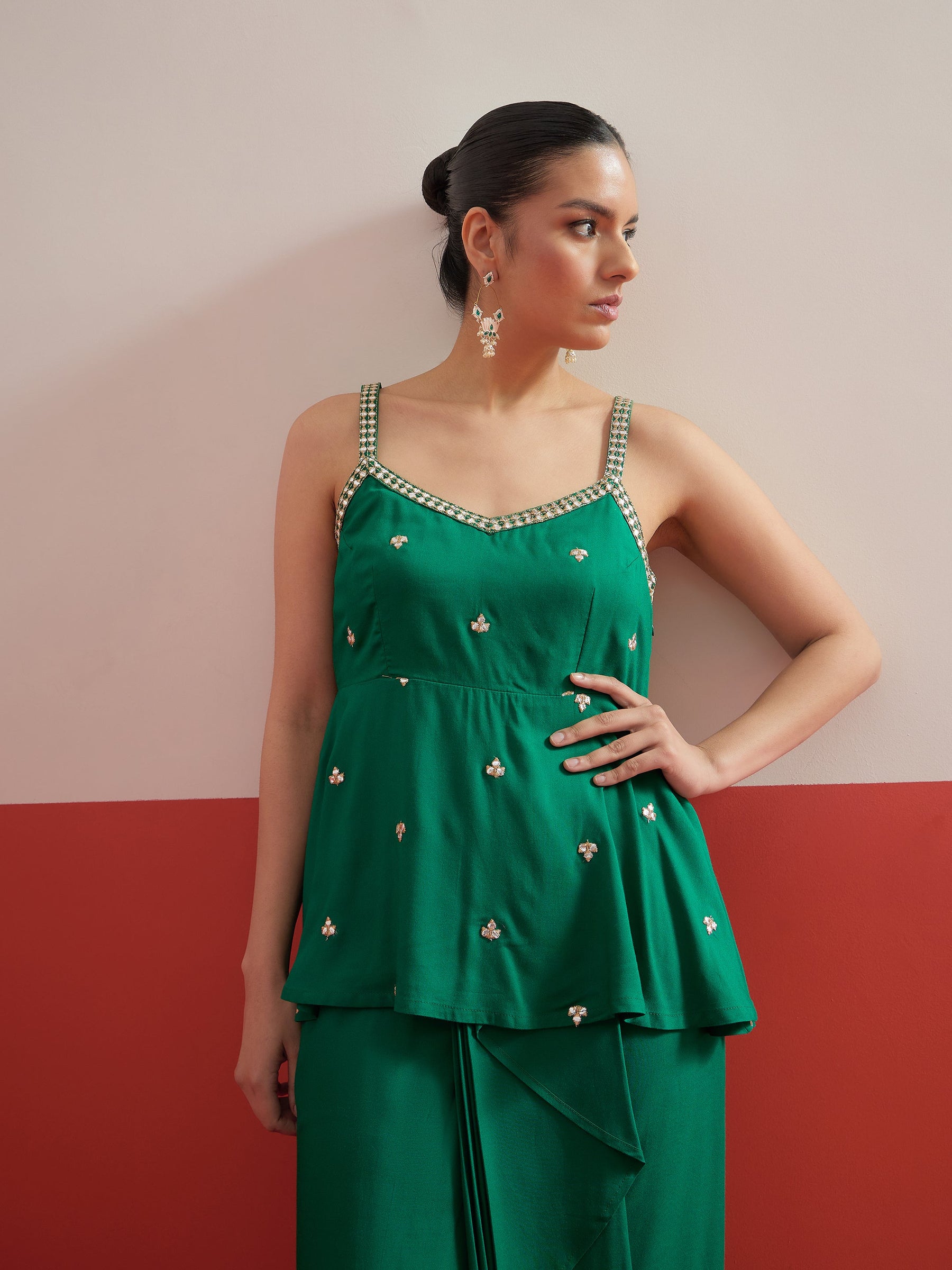 Green Embroidered Strappy Top With Dhoti Skirt -Shae by SASSAFRAS