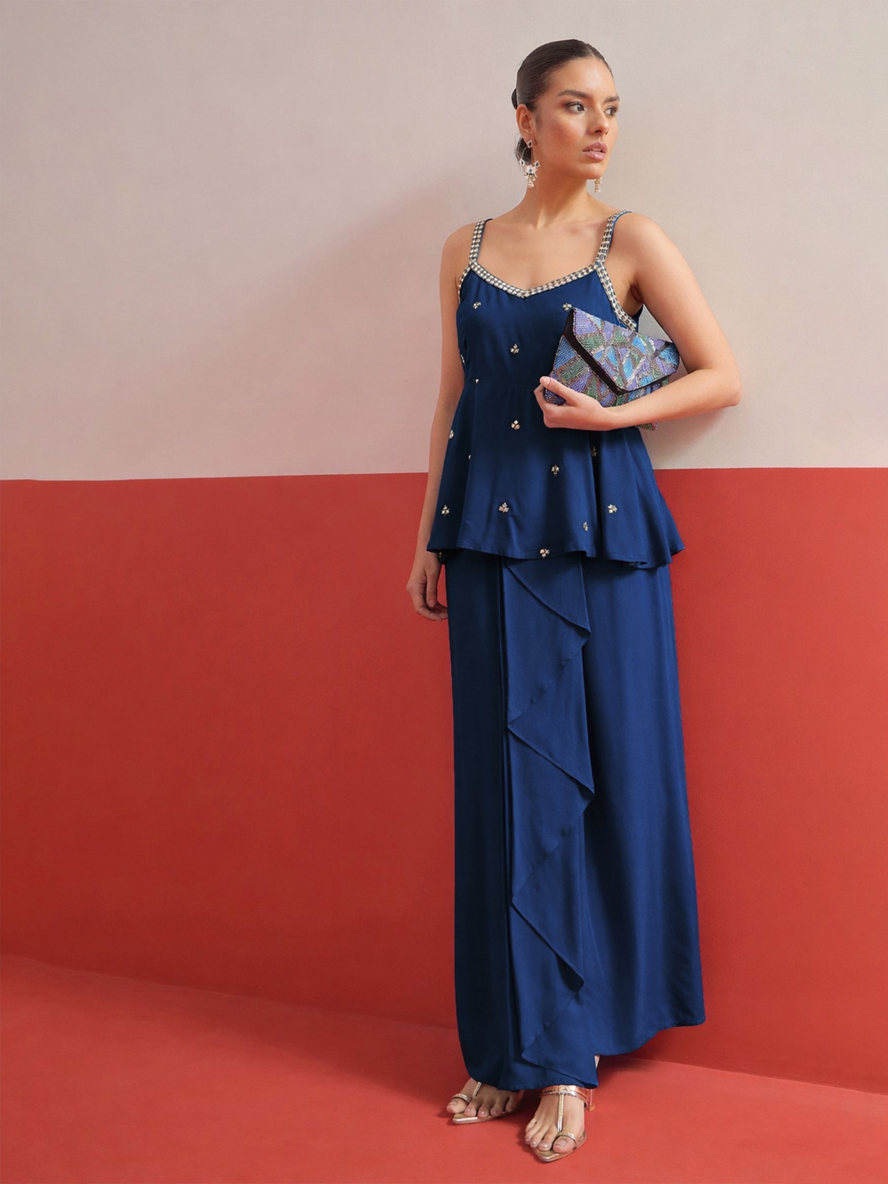 Navy Embroidered Strappy Top With Dhoti Skirt -Shae by SASSAFRAS