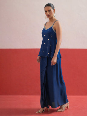 Navy Embroidered Strappy Top With Dhoti Skirt -Shae by SASSAFRAS
