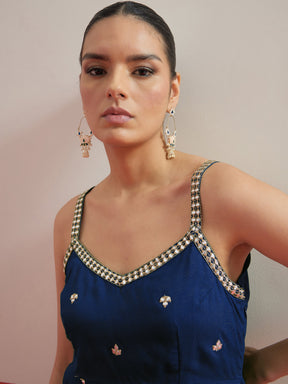 Navy Embroidered Strappy Top With Dhoti Skirt -Shae by SASSAFRAS