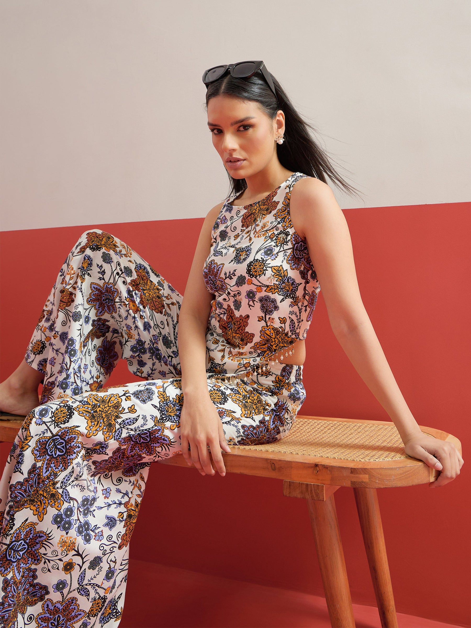 White Multi Floral Sleeveless Top With Palazzos-Shae by SASSAFRAS