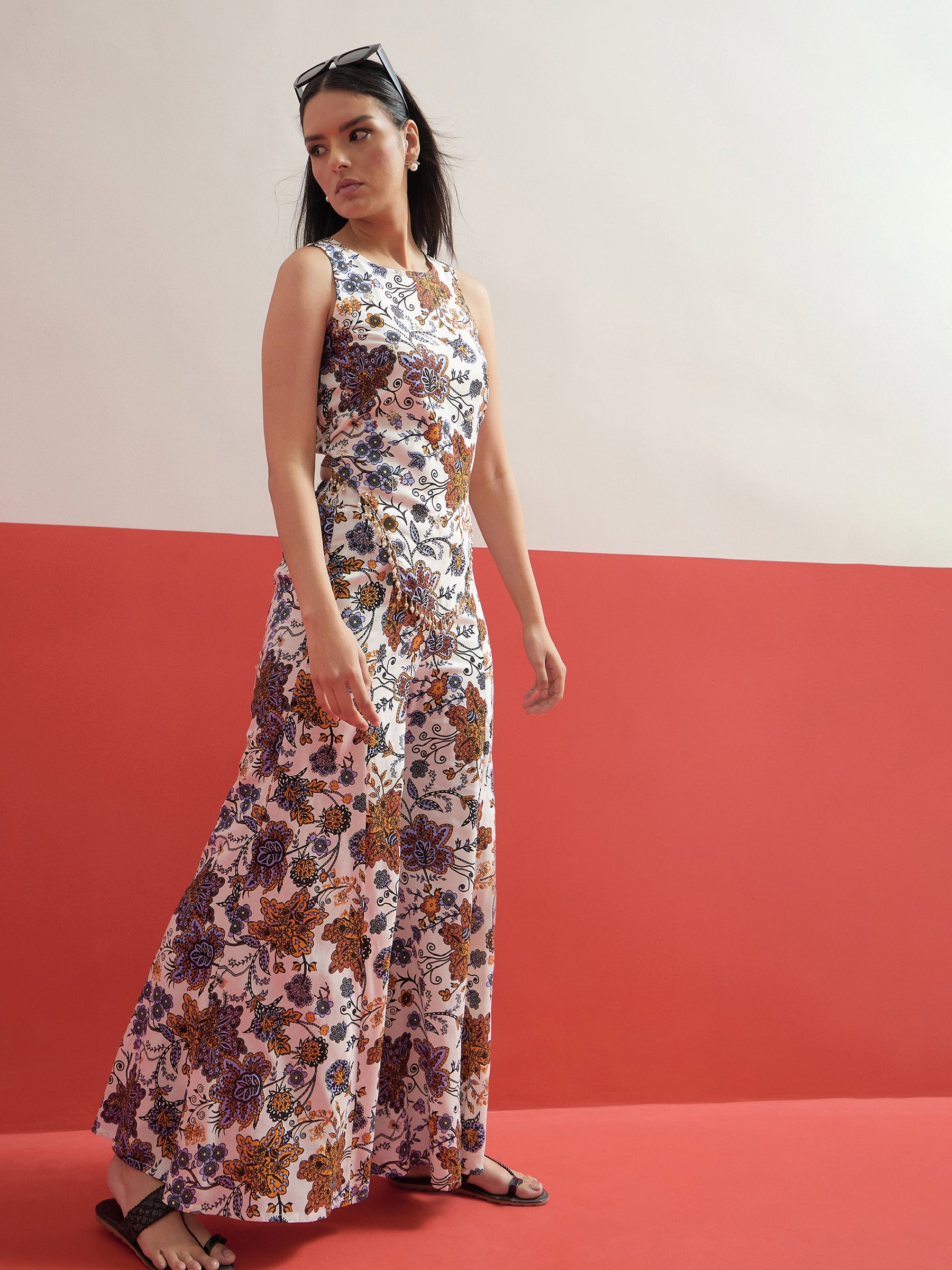 White Multi Floral Sleeveless Top With Palazzos-Shae by SASSAFRAS