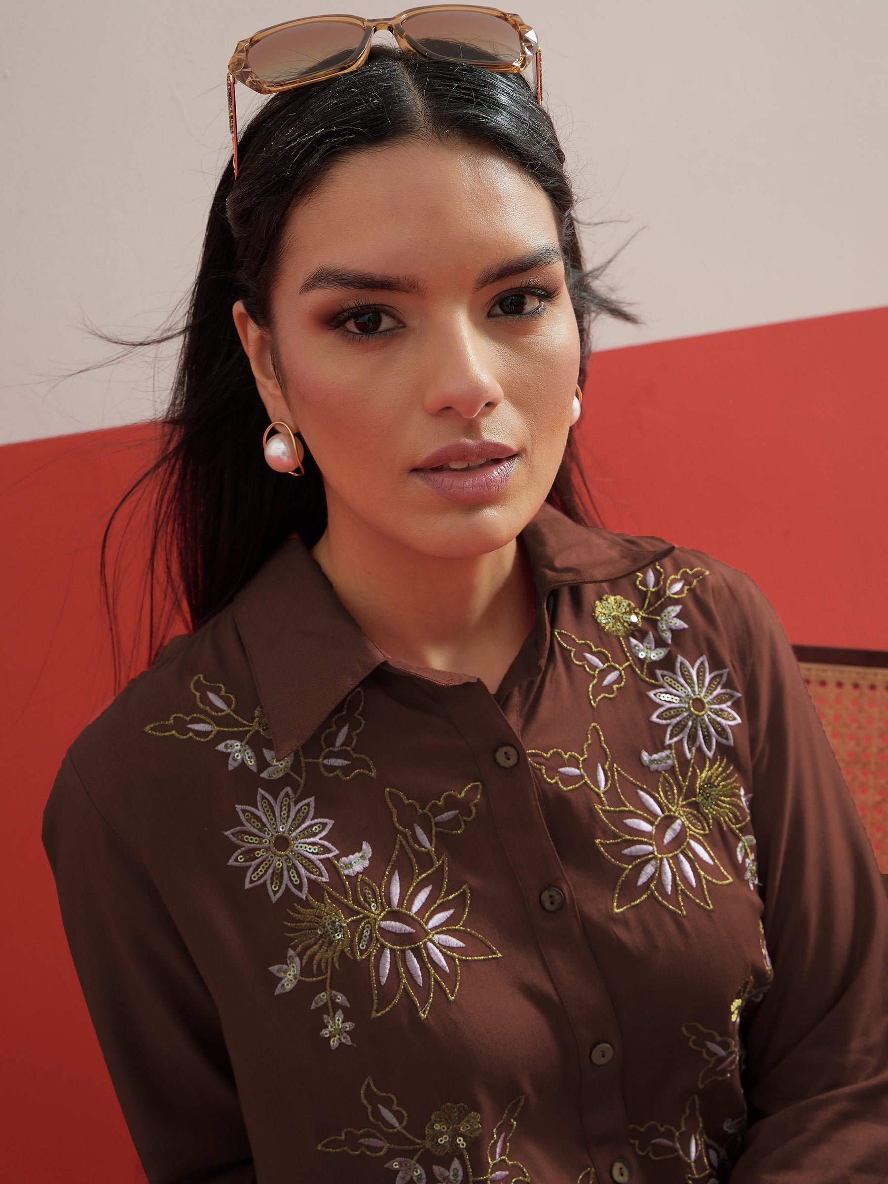 Brown Embroidered Hi-Low Shirt With Balloon Pants -Shae by SASSAFRAS