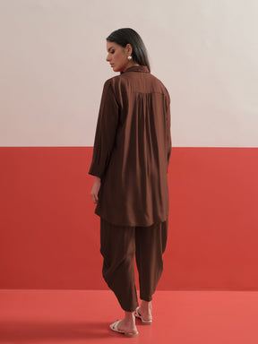 Brown Embroidered Hi-Low Shirt With Balloon Pants -Shae by SASSAFRAS