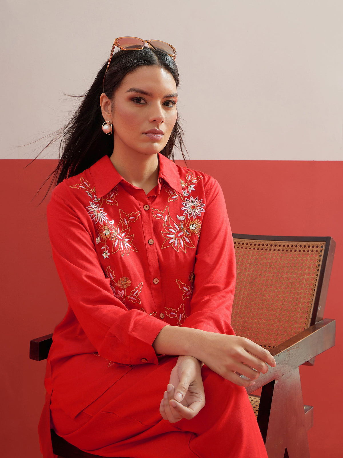 Red Embroidered Hi-Low Shirt With Balloon Pants -Shae by SASSAFRAS