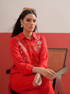 Red Embroidered Hi-Low Shirt With Balloon Pants -Shae by SASSAFRAS