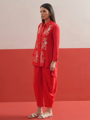 Red Embroidered Hi-Low Shirt With Balloon Pants -Shae by SASSAFRAS
