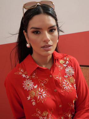 Red Embroidered Hi-Low Shirt With Balloon Pants -Shae by SASSAFRAS