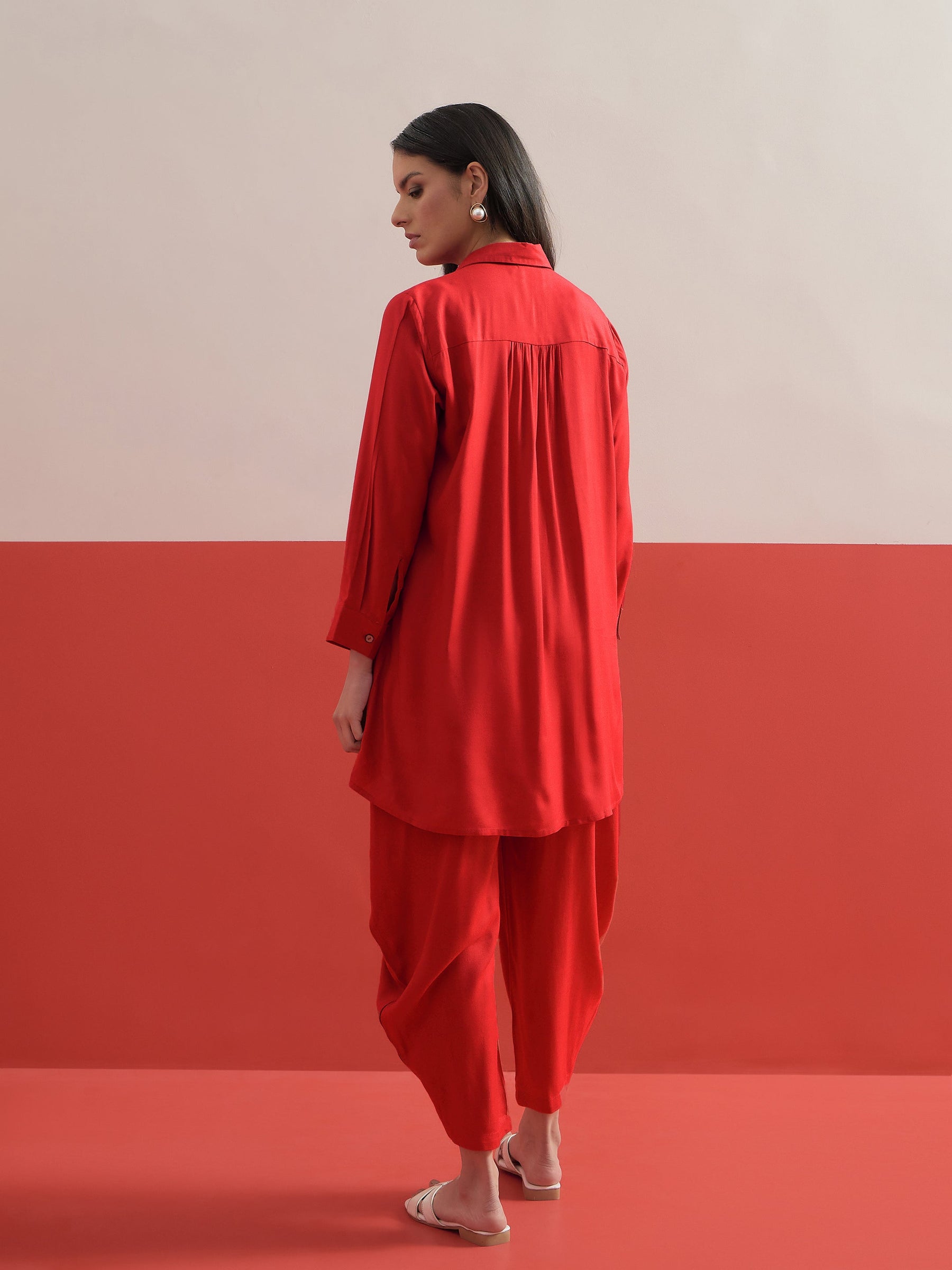 Red Embroidered Hi-Low Shirt With Balloon Pants -Shae by SASSAFRAS