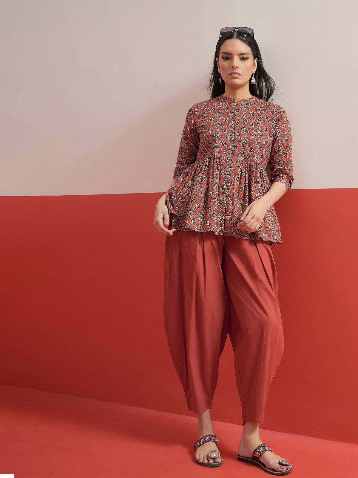 Maroon Geometric Peplum Top With Balloon Pants-Shae by SASSAFRAS