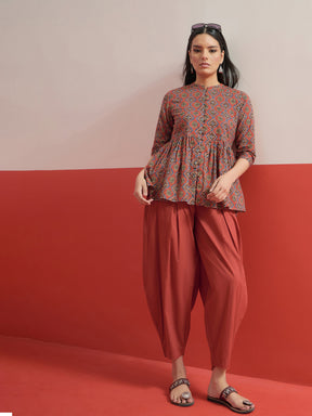 Maroon Geometric Peplum Top With Balloon Pants-Shae by SASSAFRAS