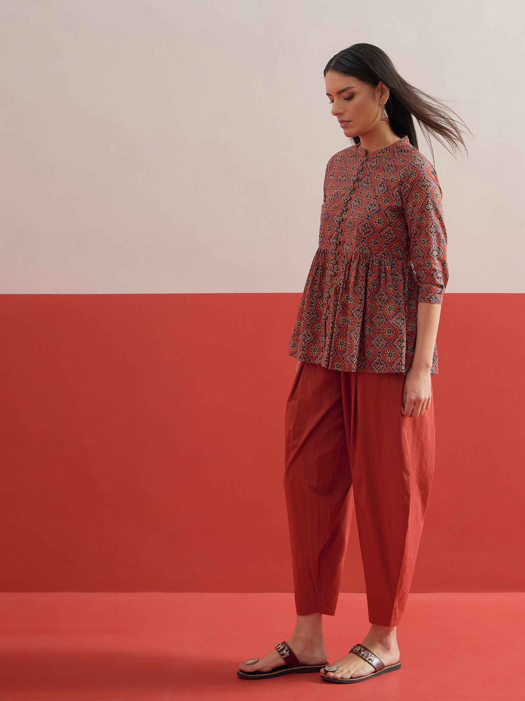 Maroon Geometric Peplum Top With Balloon Pants-Shae by SASSAFRAS