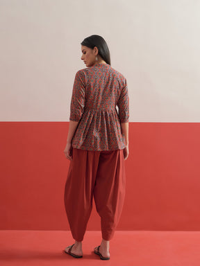 Maroon Geometric Peplum Top With Balloon Pants-Shae by SASSAFRAS
