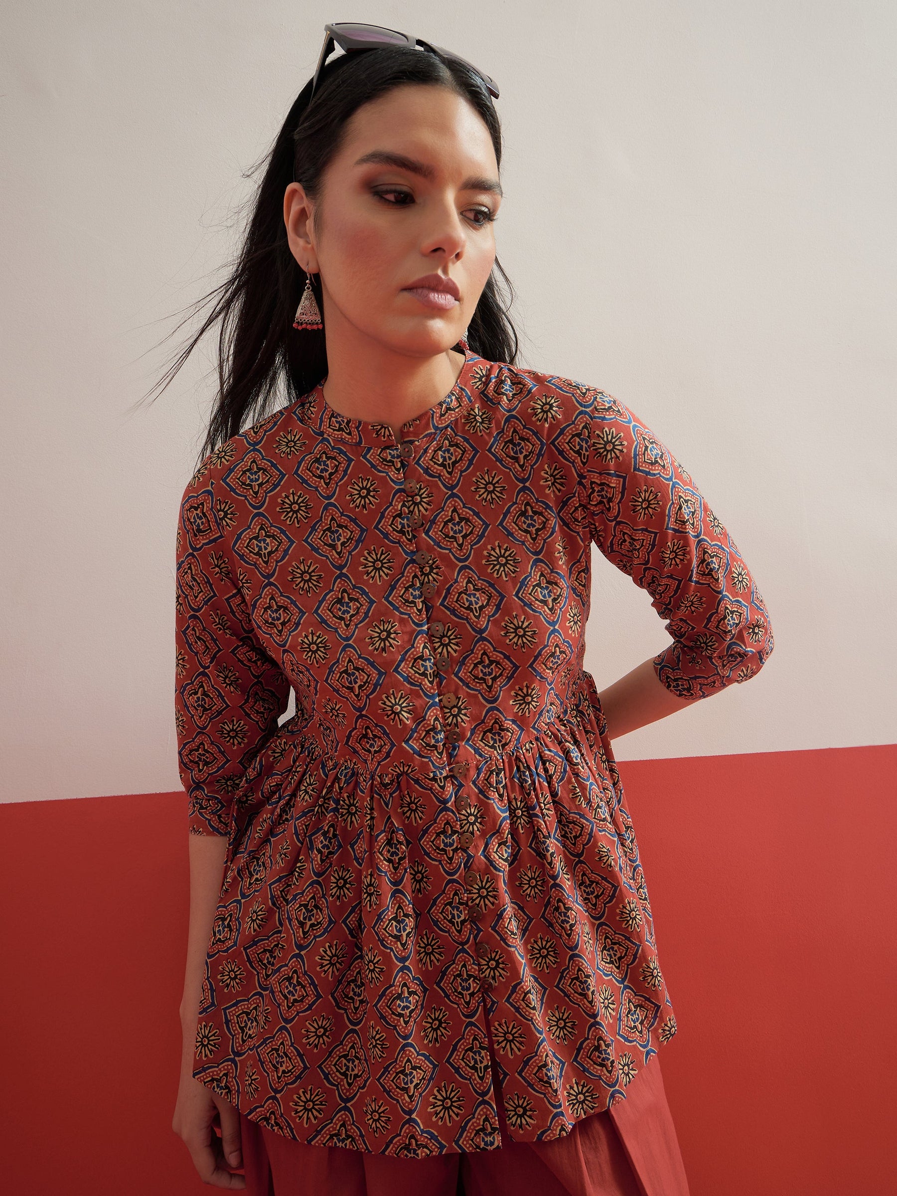 Maroon Geometric Peplum Top With Balloon Pants-Shae by SASSAFRAS