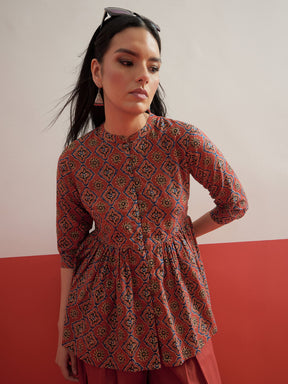 Maroon Geometric Peplum Top With Balloon Pants-Shae by SASSAFRAS