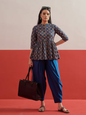 Blue Floral Geometric Peplum Top With Balloon Pants-Shae by SASSAFRAS