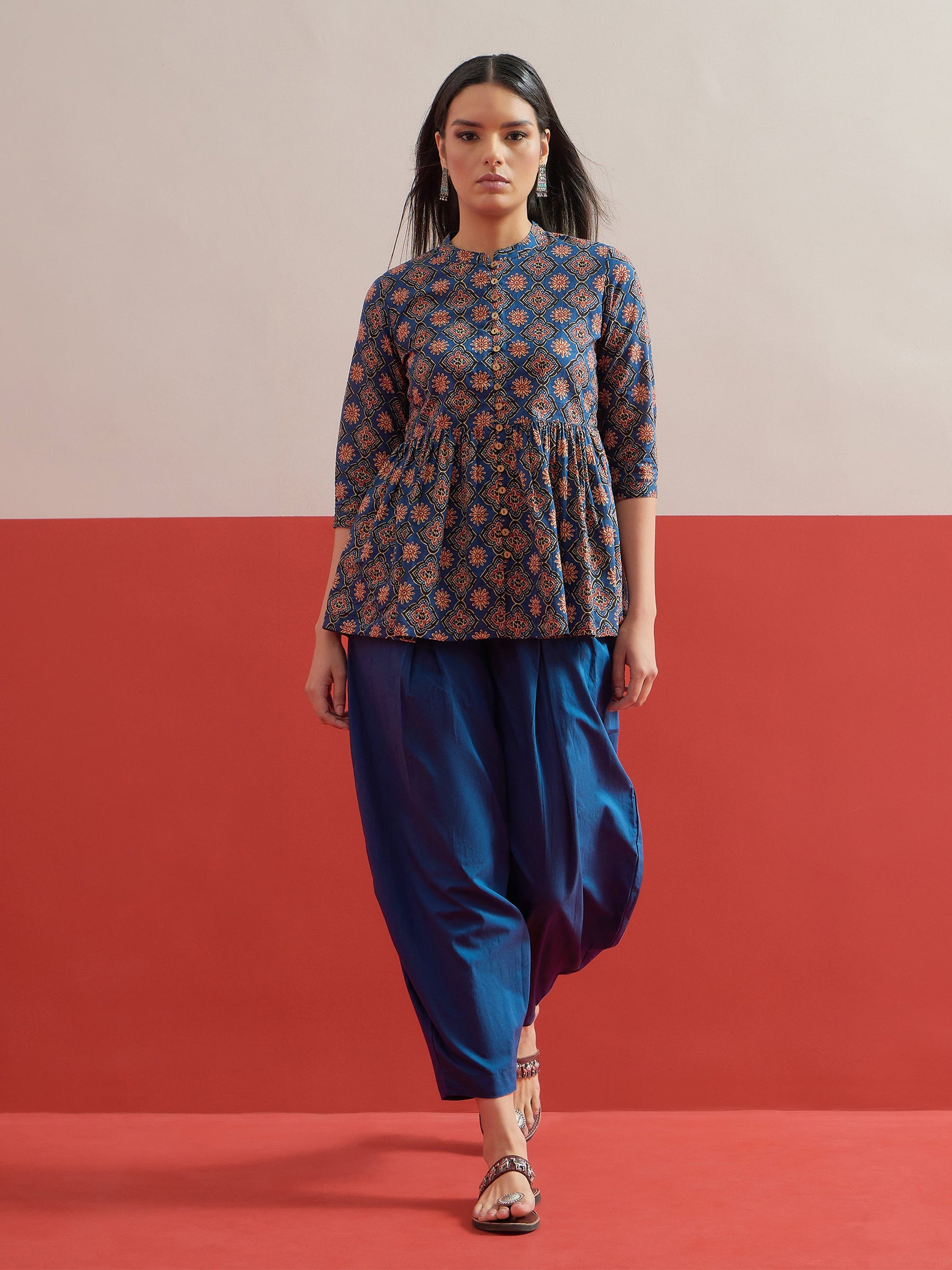 Blue Floral Geometric Peplum Top With Balloon Pants-Shae by SASSAFRAS