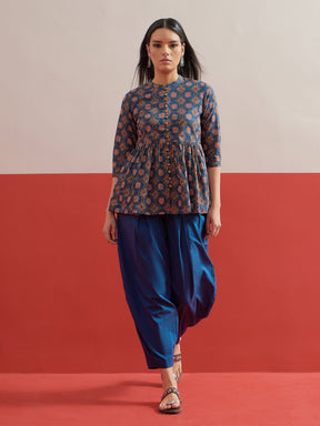 Blue Floral Geometric Peplum Top With Balloon Pants-Shae by SASSAFRAS