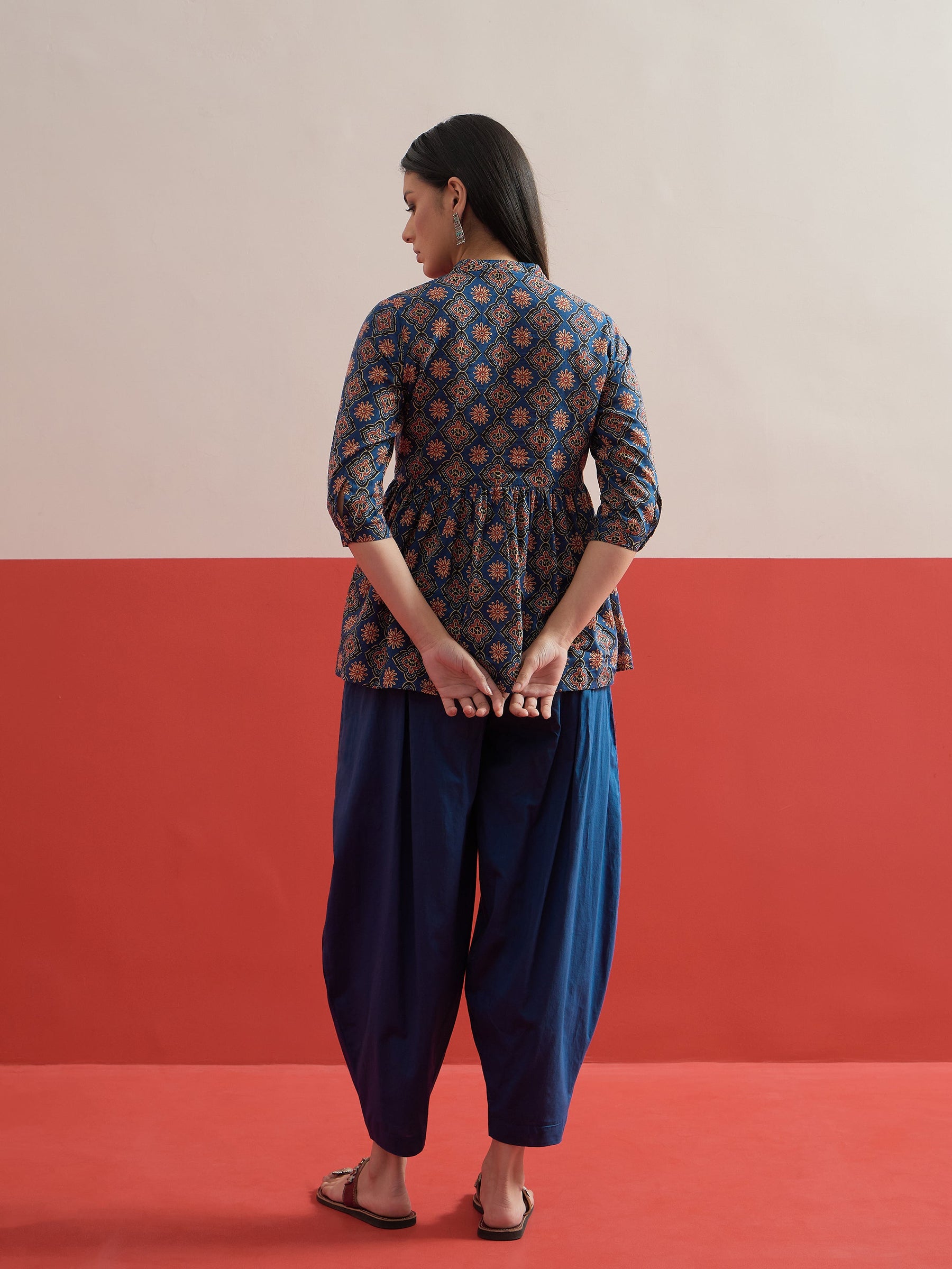 Blue Floral Geometric Peplum Top With Balloon Pants-Shae by SASSAFRAS