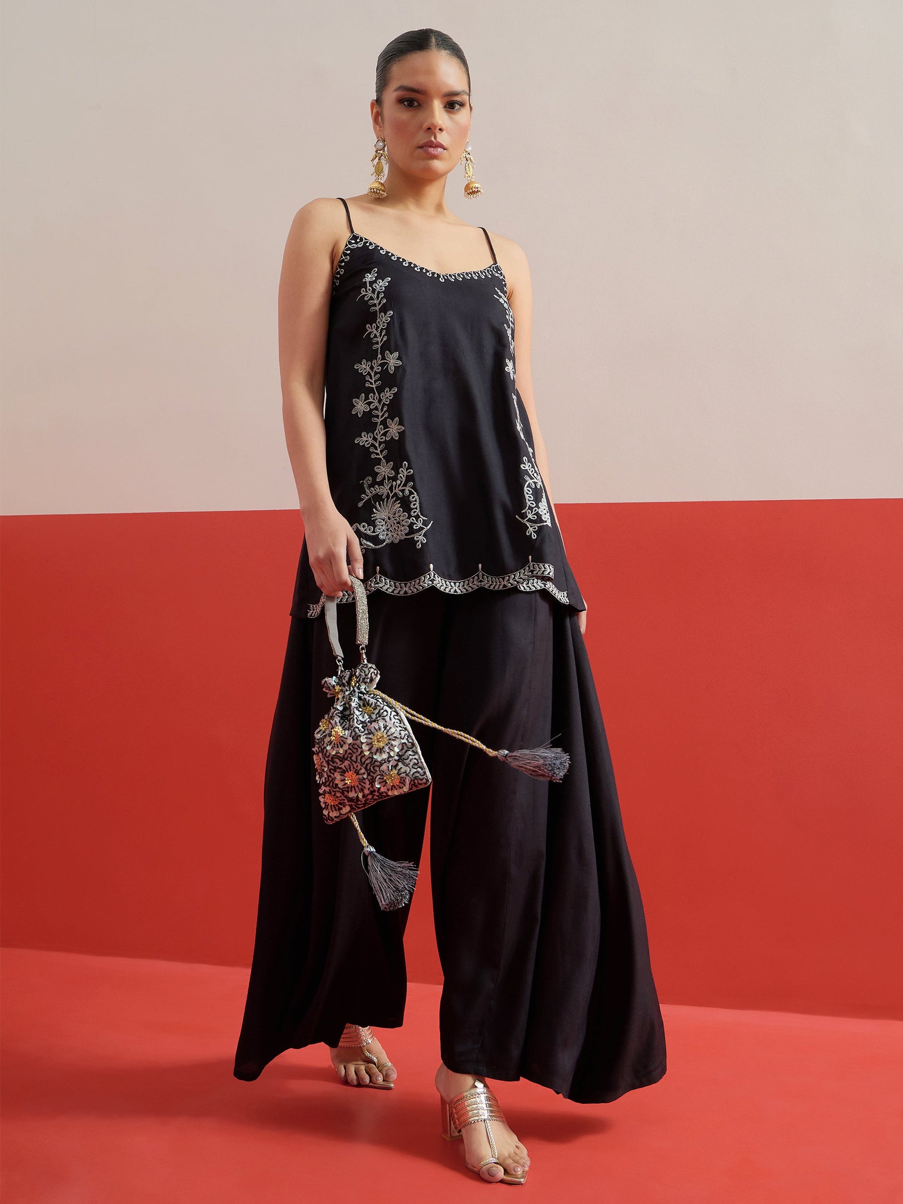 Black Embroidered Strappy Top With Palazzos-Shae by SASSAFRAS