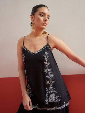 Black Embroidered Strappy Top With Palazzos-Shae by SASSAFRAS