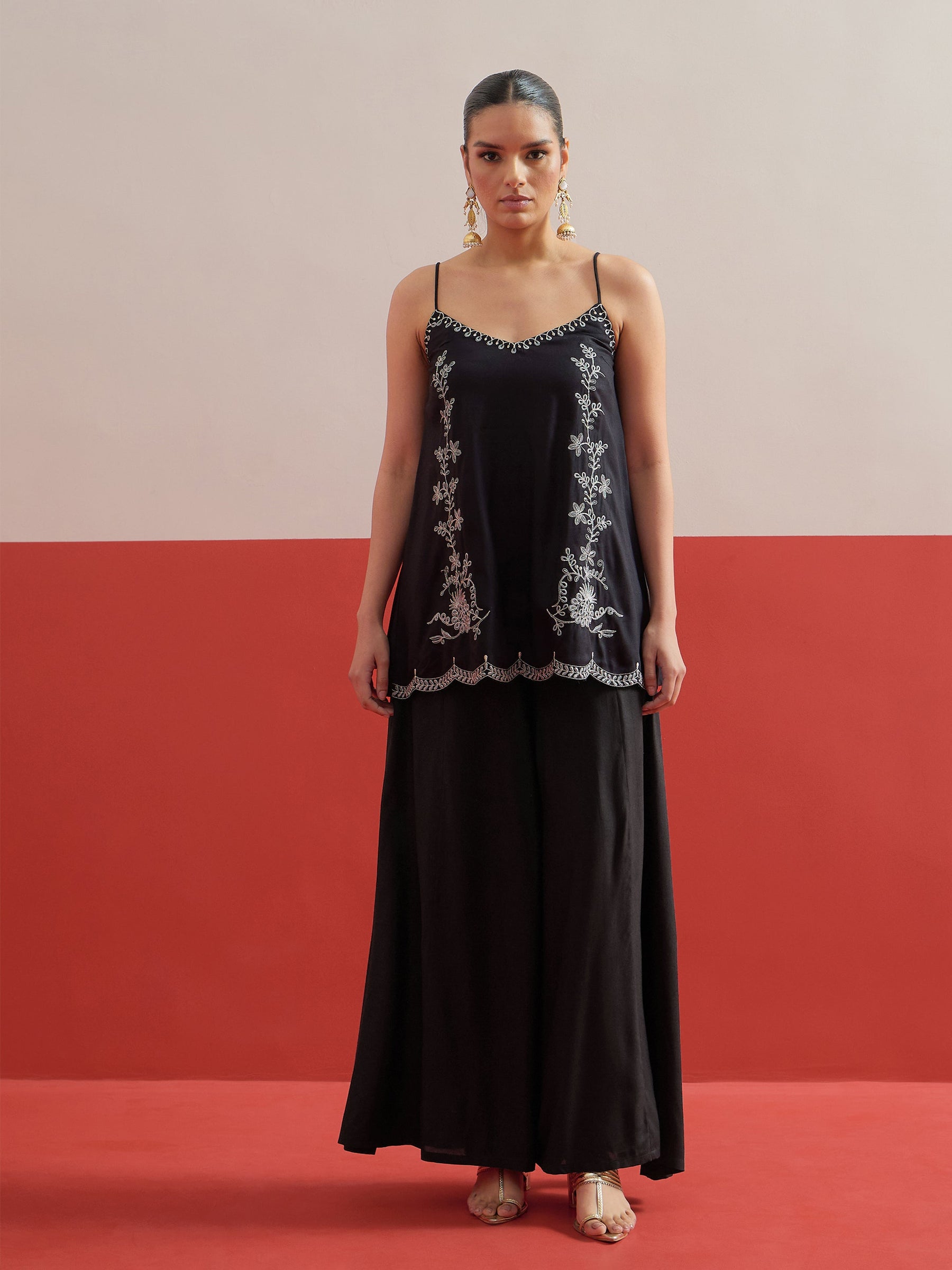 Black Embroidered Strappy Top With Palazzos-Shae by SASSAFRAS