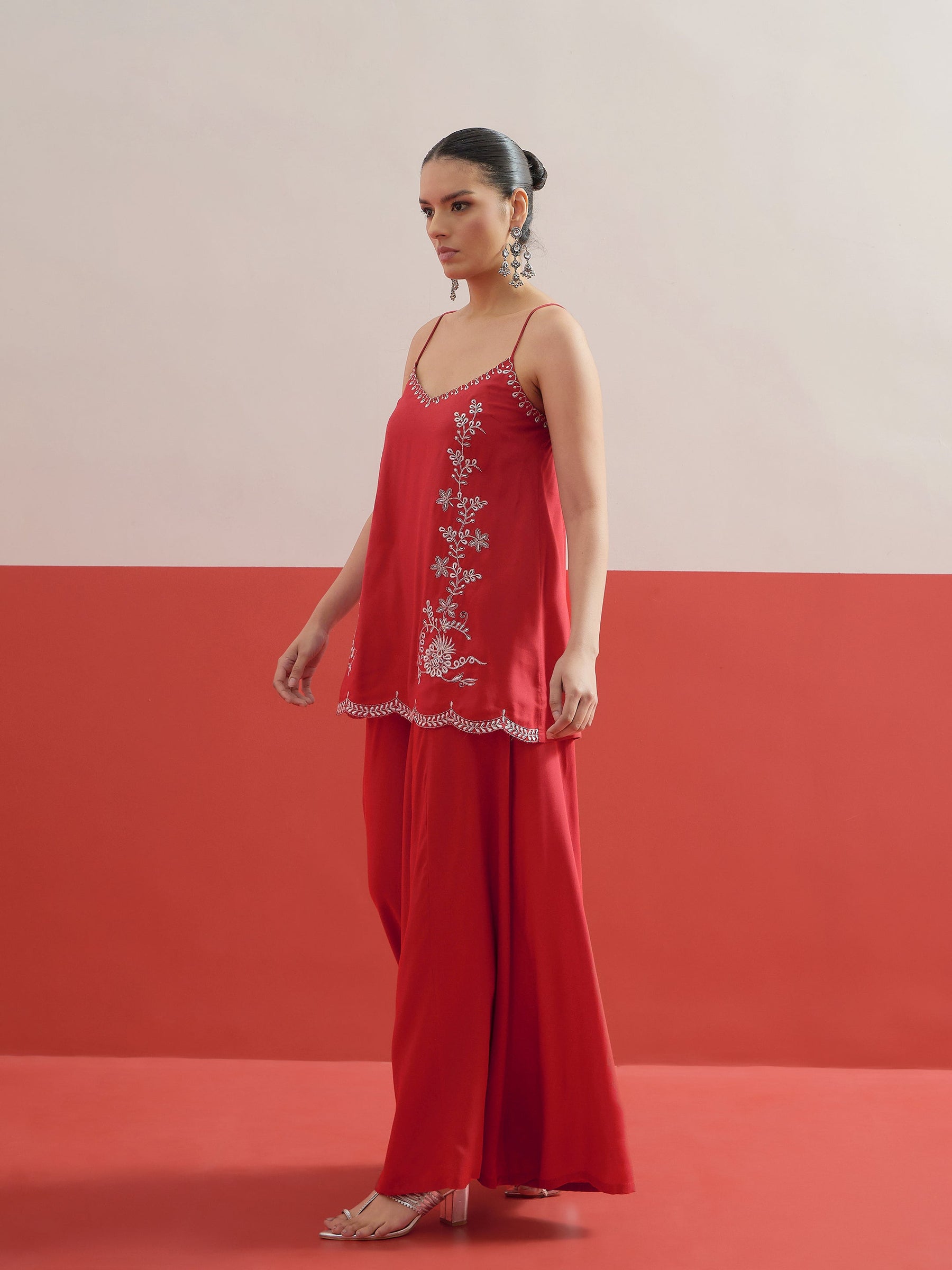 Red Embroidered Strappy Top With Palazzos-Shae by SASSAFRAS